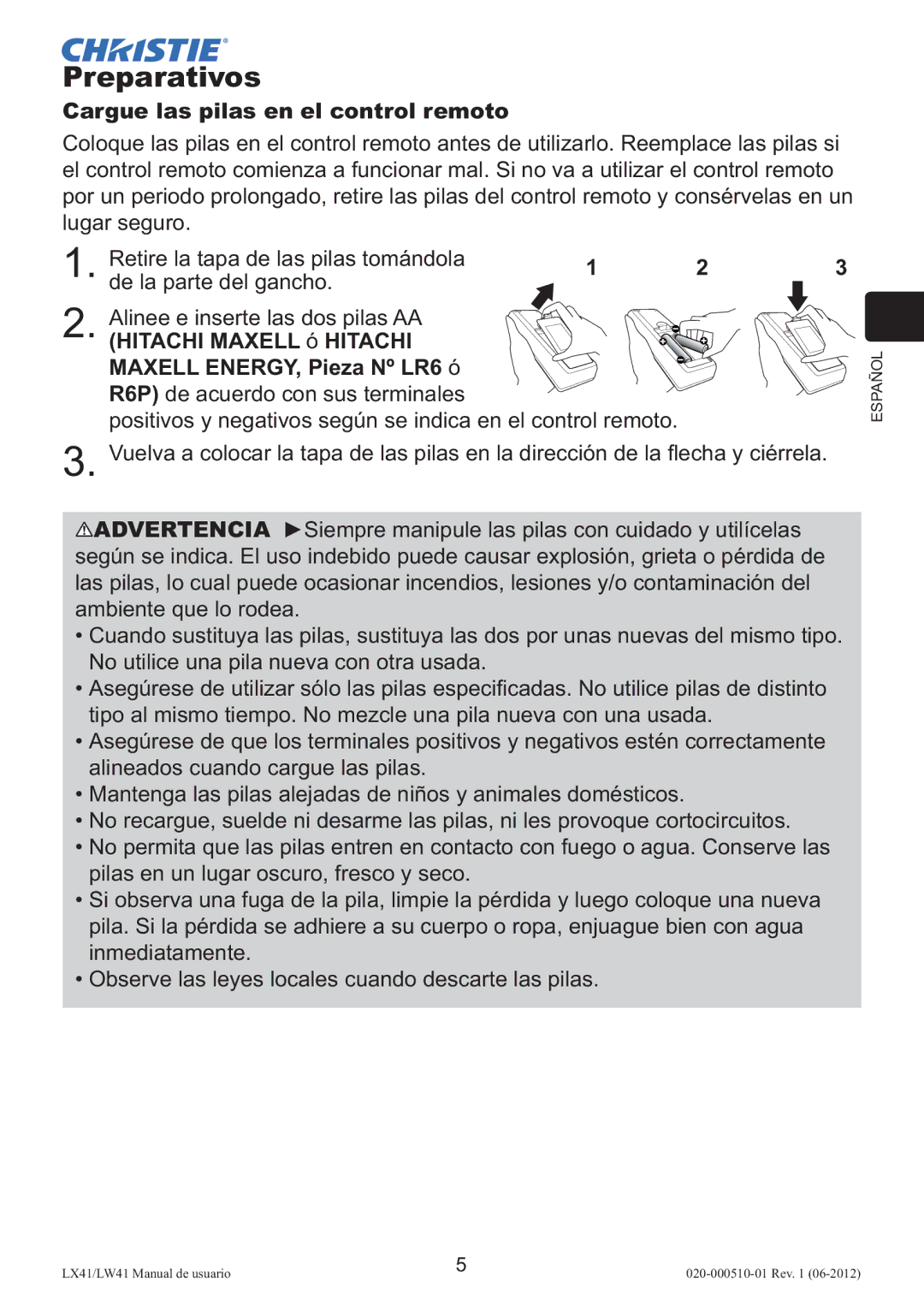 Christie Digital Systems LW41 setup guide Preparativos, Cargue las pilas en el control remoto 