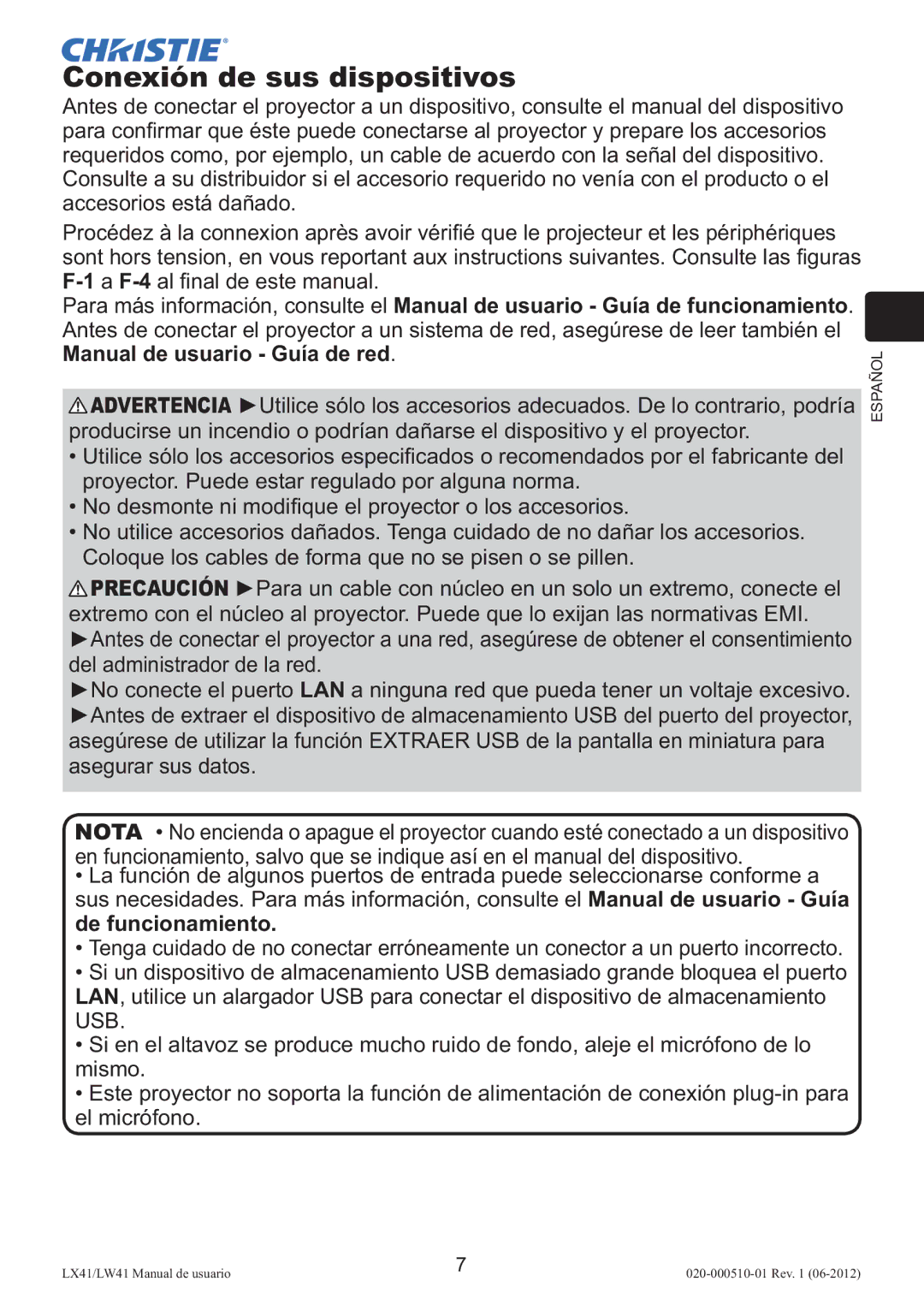 Christie Digital Systems LW41 setup guide Conexión de sus dispositivos 