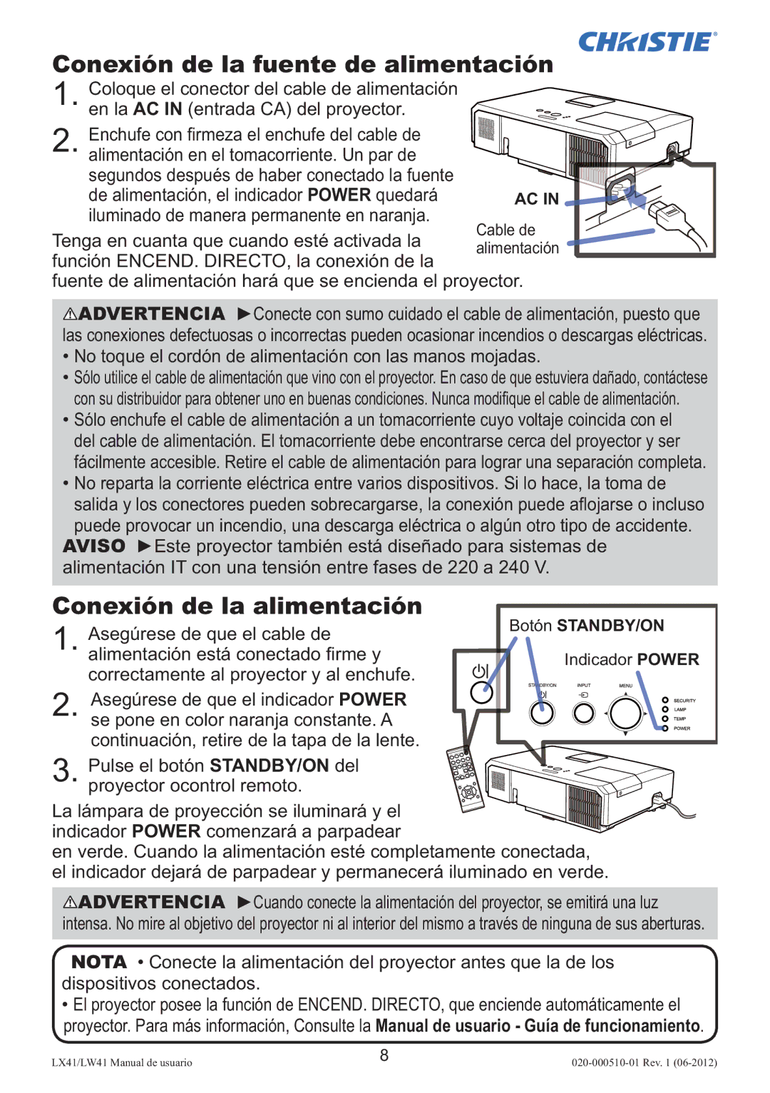 Christie Digital Systems LW41 setup guide Conexión de la fuente de alimentación, Conexión de la alimentación 