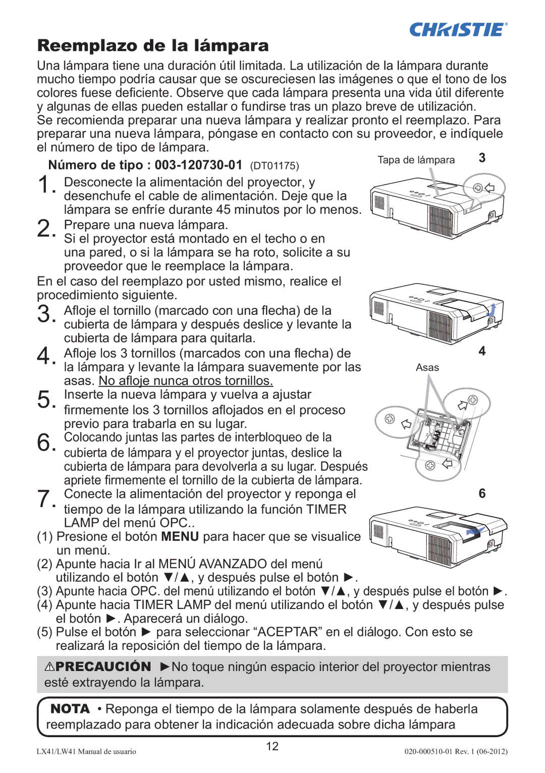 Christie Digital Systems LW41 setup guide Reemplazo de la lámpara, Número de tipo 