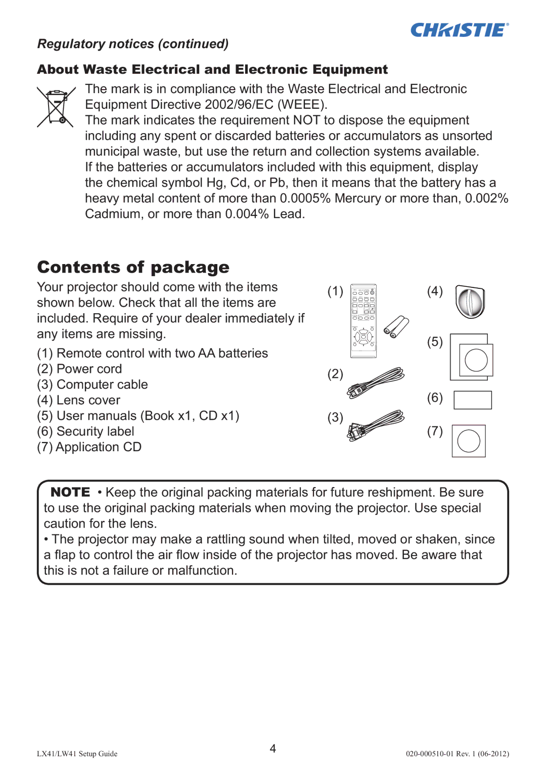 Christie Digital Systems LW41 setup guide Contents of package 