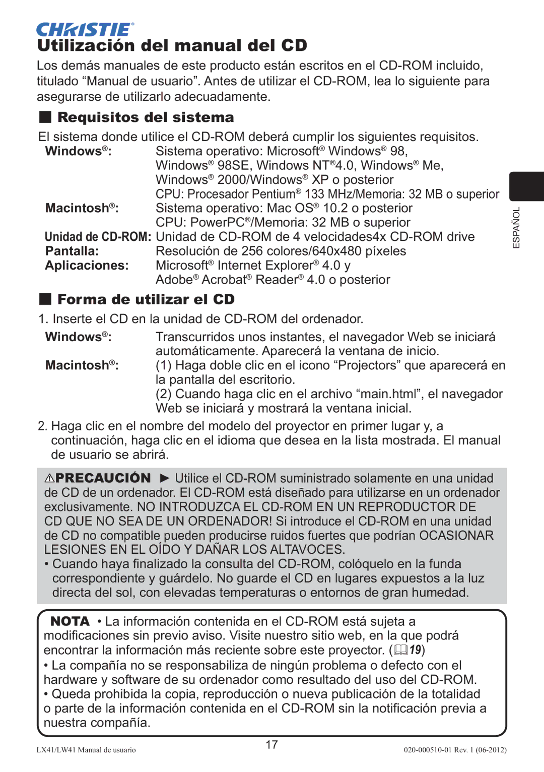 Christie Digital Systems LW41 setup guide Utilización del manual del CD, Requisitos del sistema 