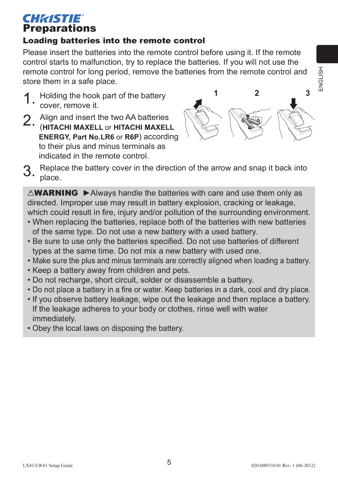 Christie Digital Systems LW41 setup guide Preparations, Loading batteries into the remote control 