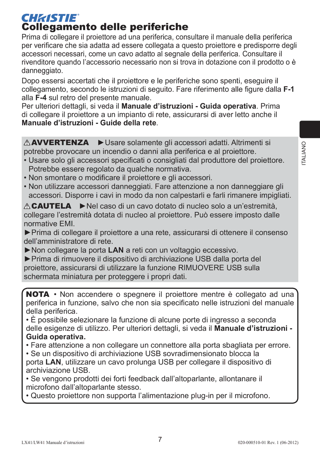 Christie Digital Systems LW41 setup guide Collegamento delle periferiche, Guida operativa 