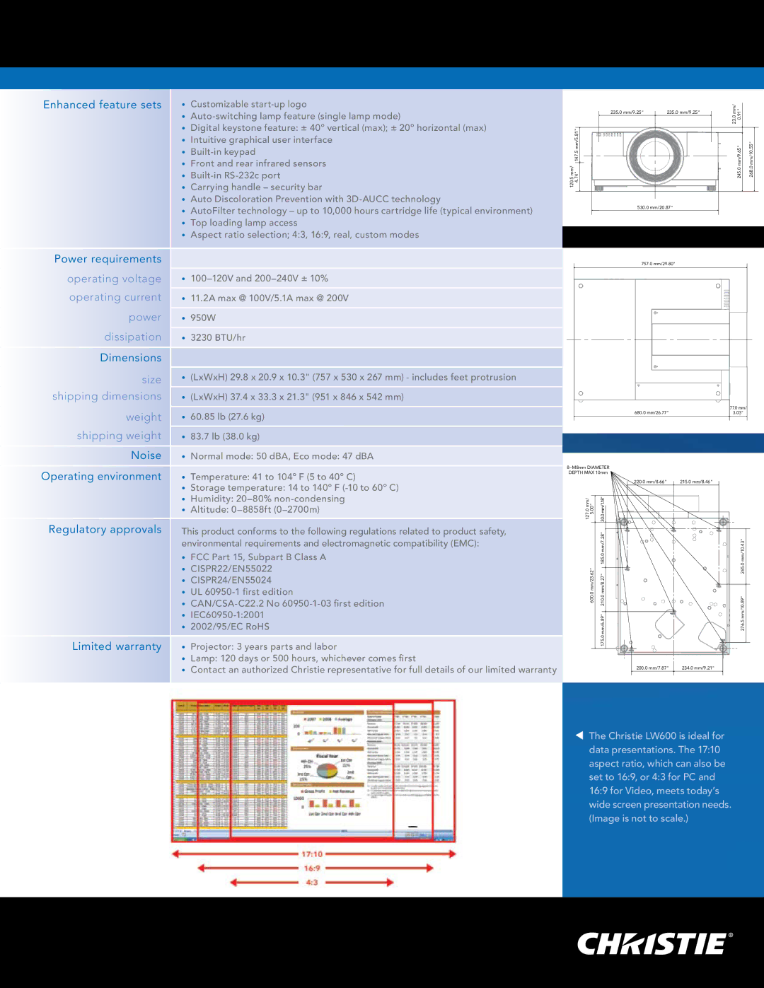 Christie Digital Systems LW600 Operating voltage, Operating current, Power, Dissipation, Size, Shipping dimensions, Weight 