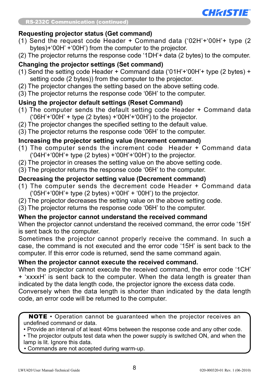 Christie Digital Systems LWU420 Requesting projector status Get command, Changing the projector settings Set command 