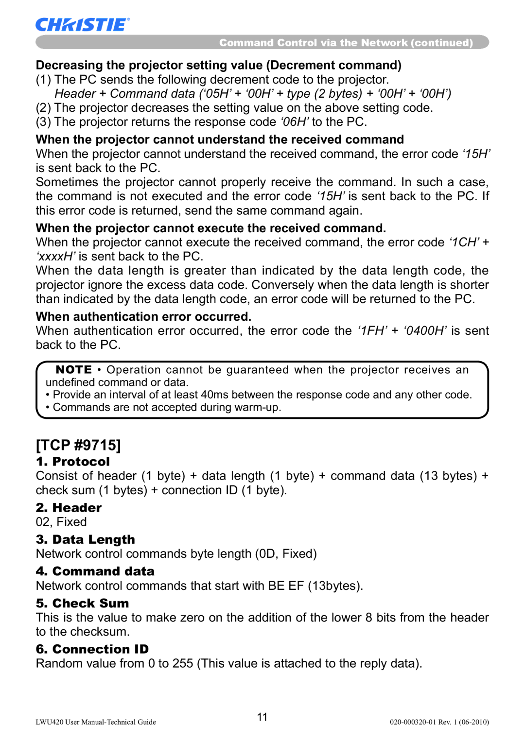 Christie Digital Systems LWU420 user manual When authentication error occurred, Data Length, Check Sum, Connection ID 