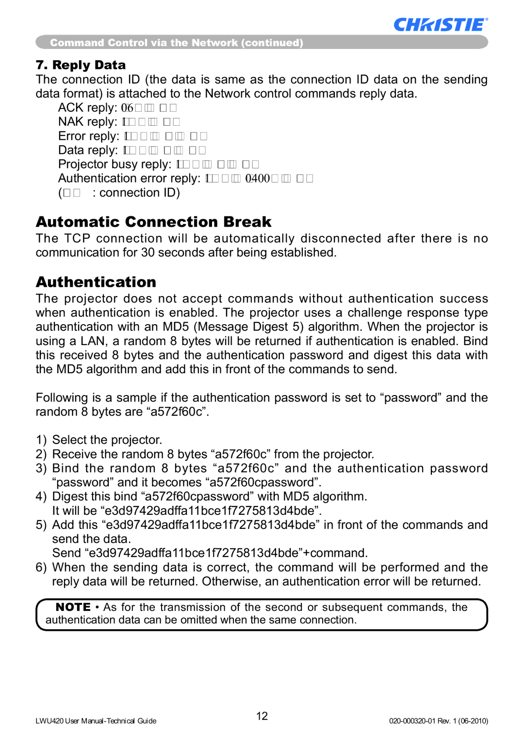 Christie Digital Systems LWU420 user manual Automatic Connection Break, Reply Data 