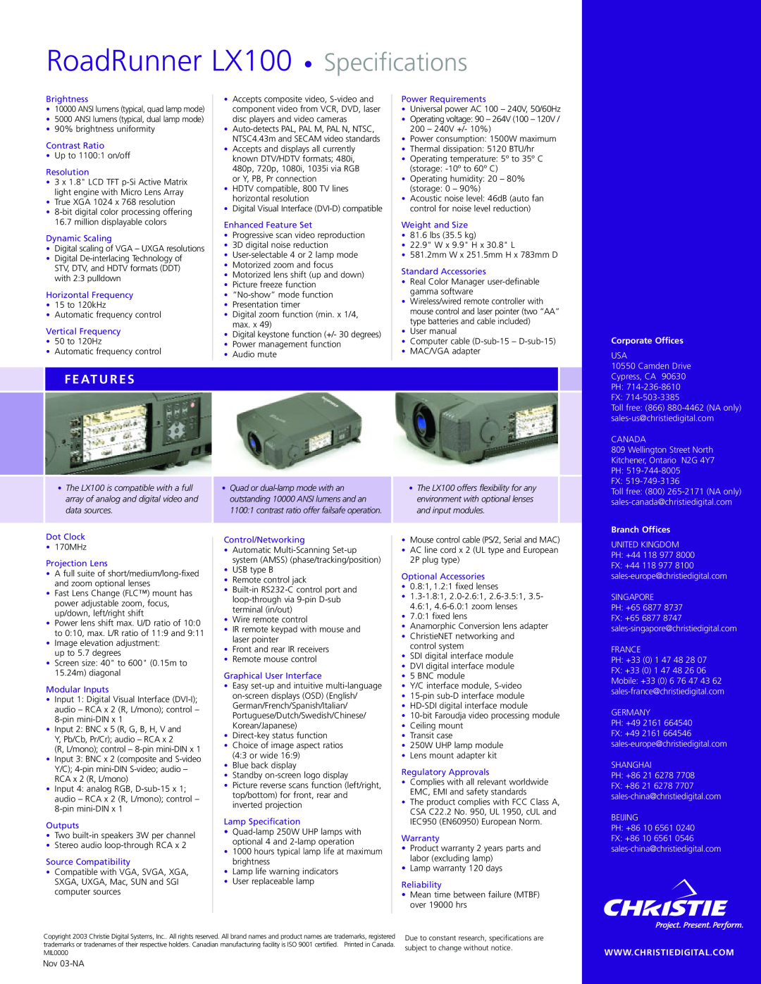 Christie Digital Systems manual F E At U R E S, RoadRunner LX100 Specifications, The LX100 is compatible with a full 