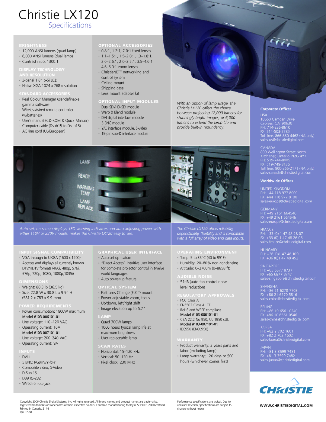 Christie Digital Systems LX120 Brightness, Display Technology Resolution, Standard Accessories, Optional Accessories, Lamp 