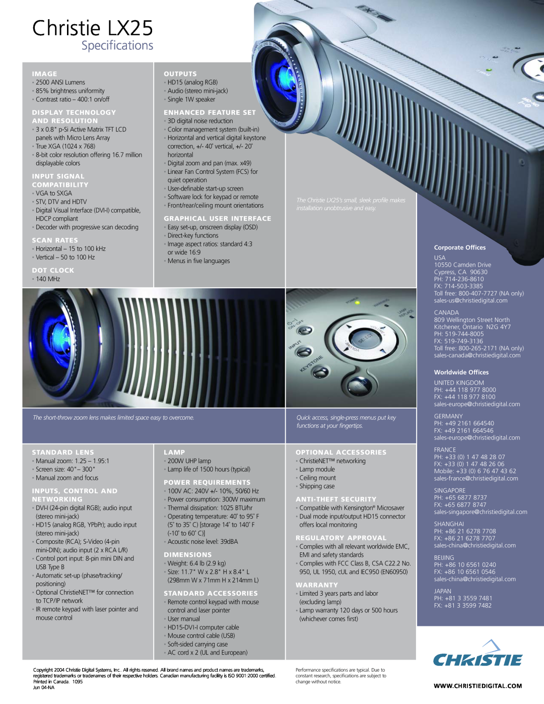 Christie Digital Systems manual Christie LX25, Specifications, ANSI Lumens, HD15 analog RGB, 85% brightness uniformity 
