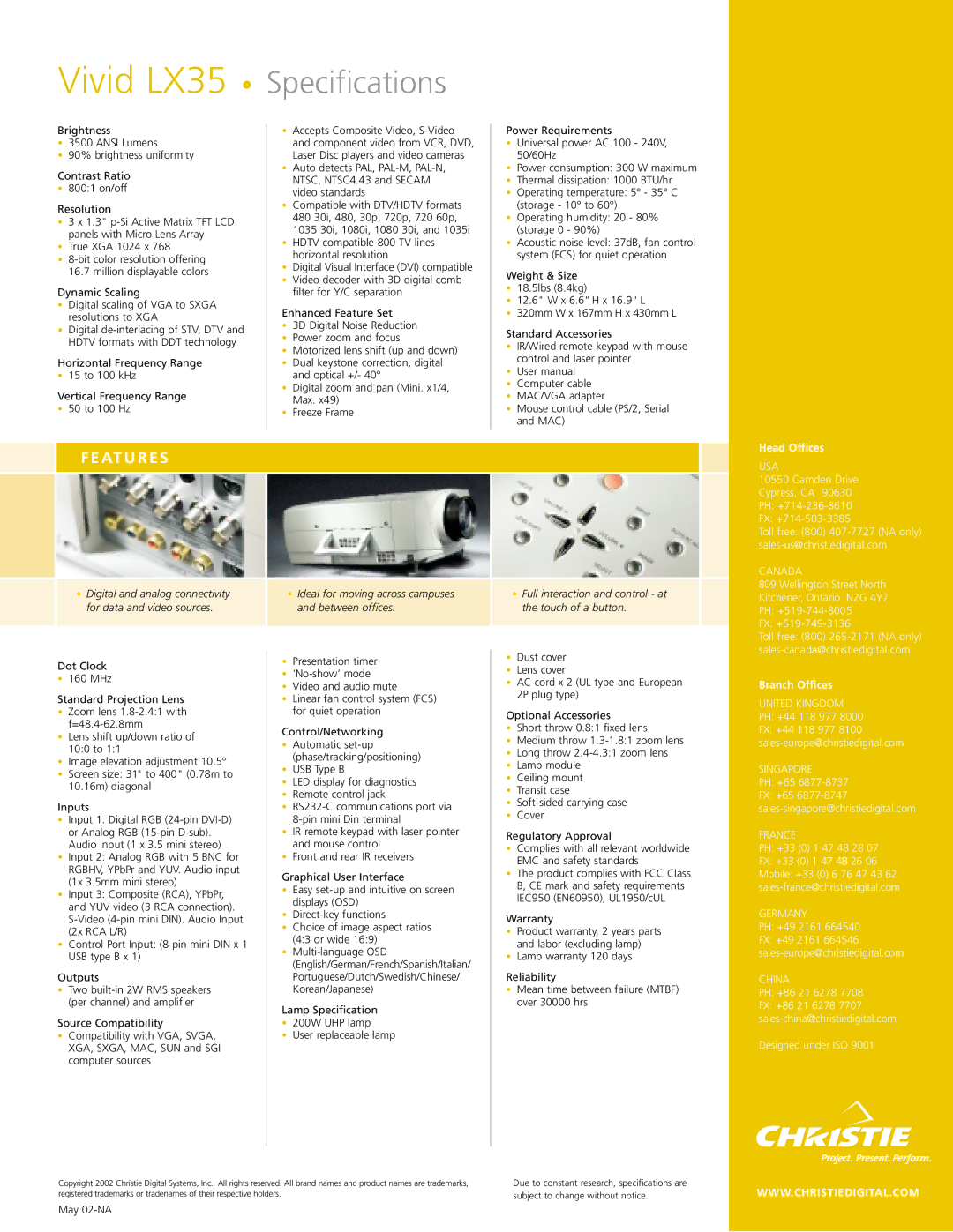 Christie Digital Systems LX35 manual At U R E S, Head Offices, Branch Offices 