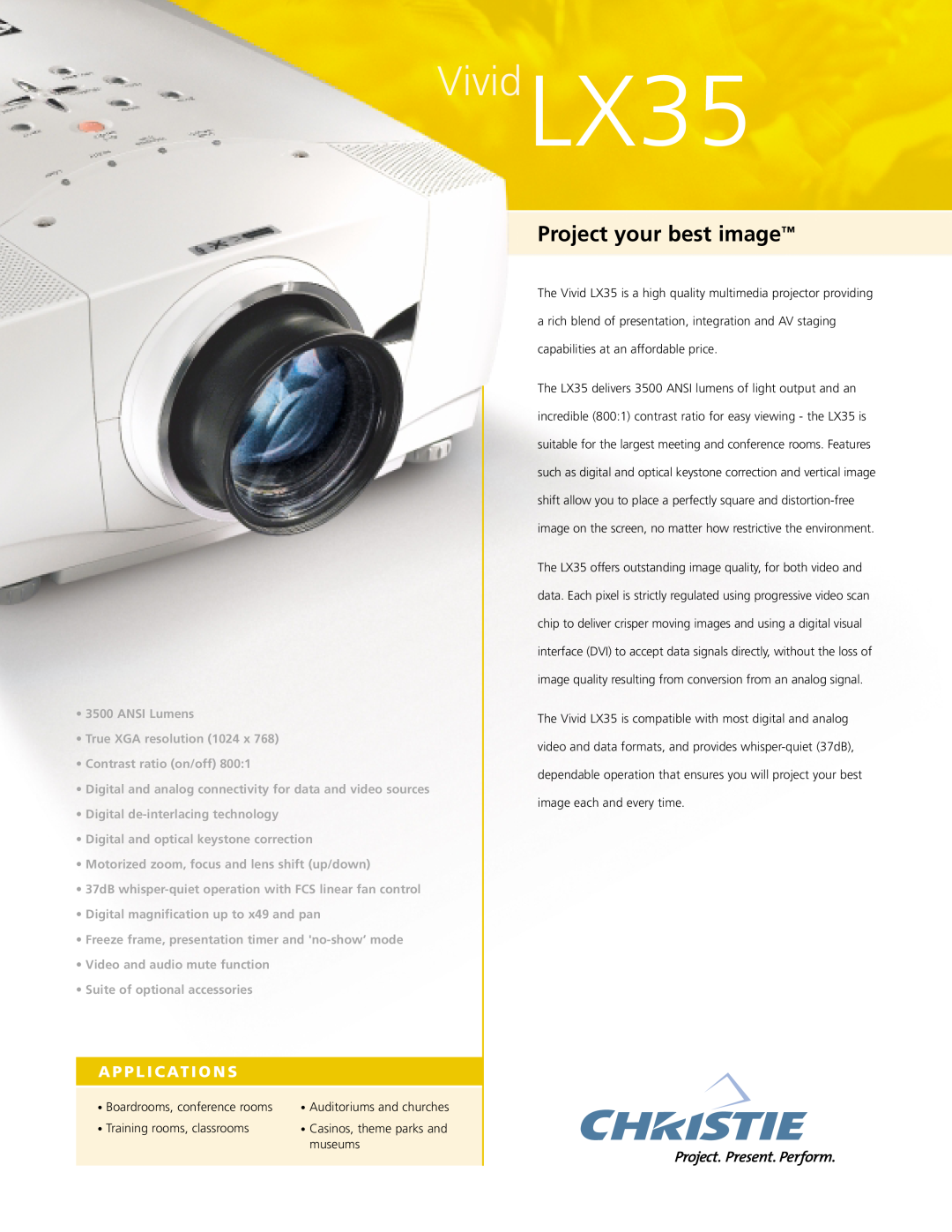 Christie Digital Systems manual A P P L I C At I O N S, Vivid LX35, Project your best image, Training rooms, classrooms 