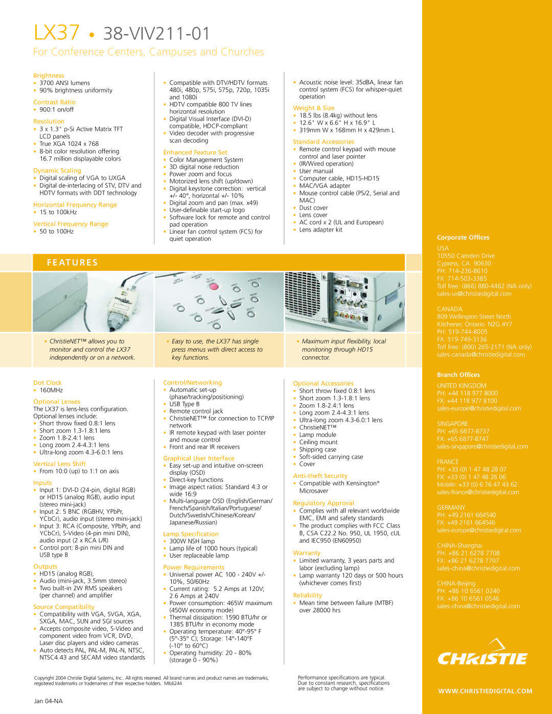 Christie Digital Systems LX37 manual Usa, Canada, Singapore, France, Germany 