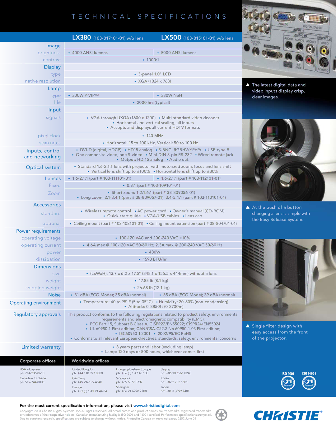 Christie Digital Systems LX500, LX380 manual C H N I C a L Specification S 