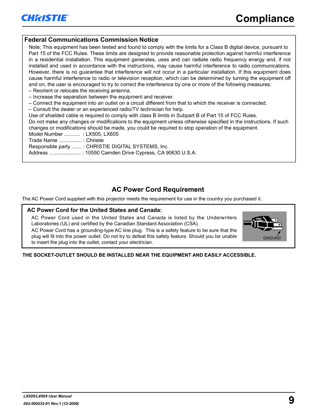 Christie Digital Systems LX605 manual Compliance, AC Power Cord for the United States and Canada, Address 