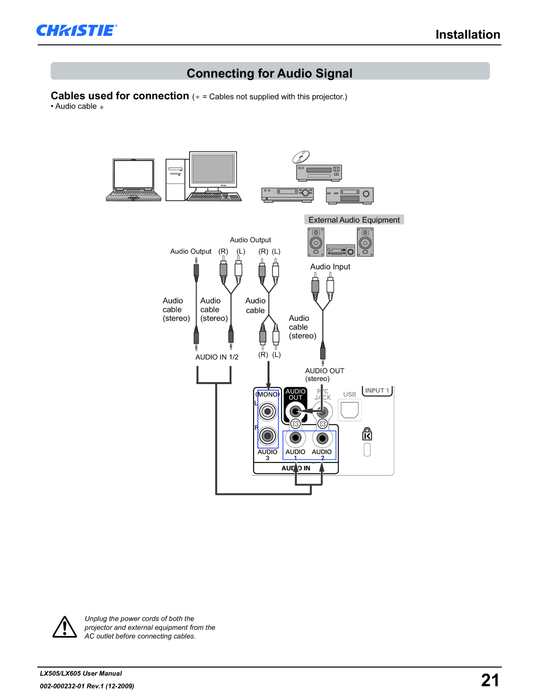 Christie Digital Systems LX605 manual Installation Connecting for Audio Signal 