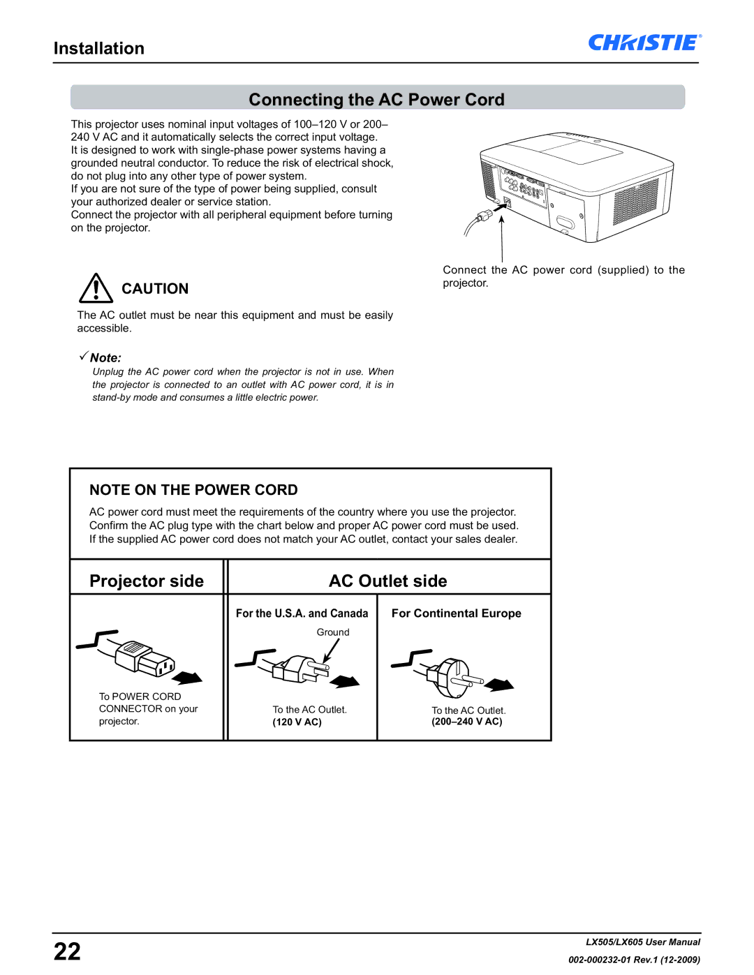 Christie Digital Systems LX605 manual Installation Connecting the AC Power Cord, Projector side AC Outlet side 