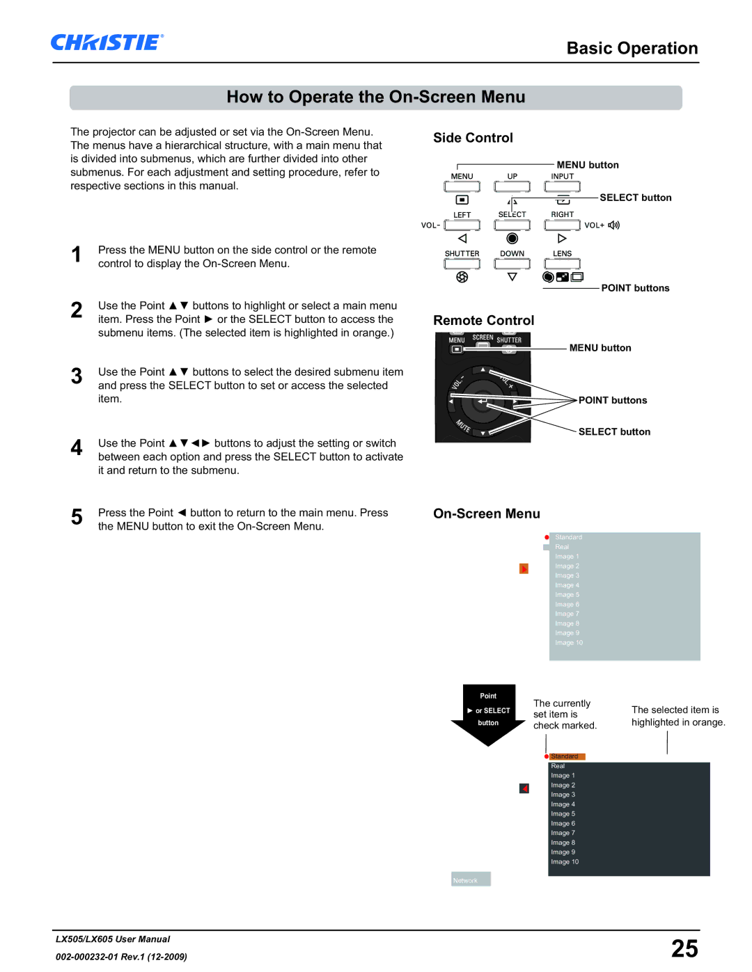 Christie Digital Systems LX605 manual Basic Operation How to Operate the On-Screen Menu, Side Control, Remote Control 