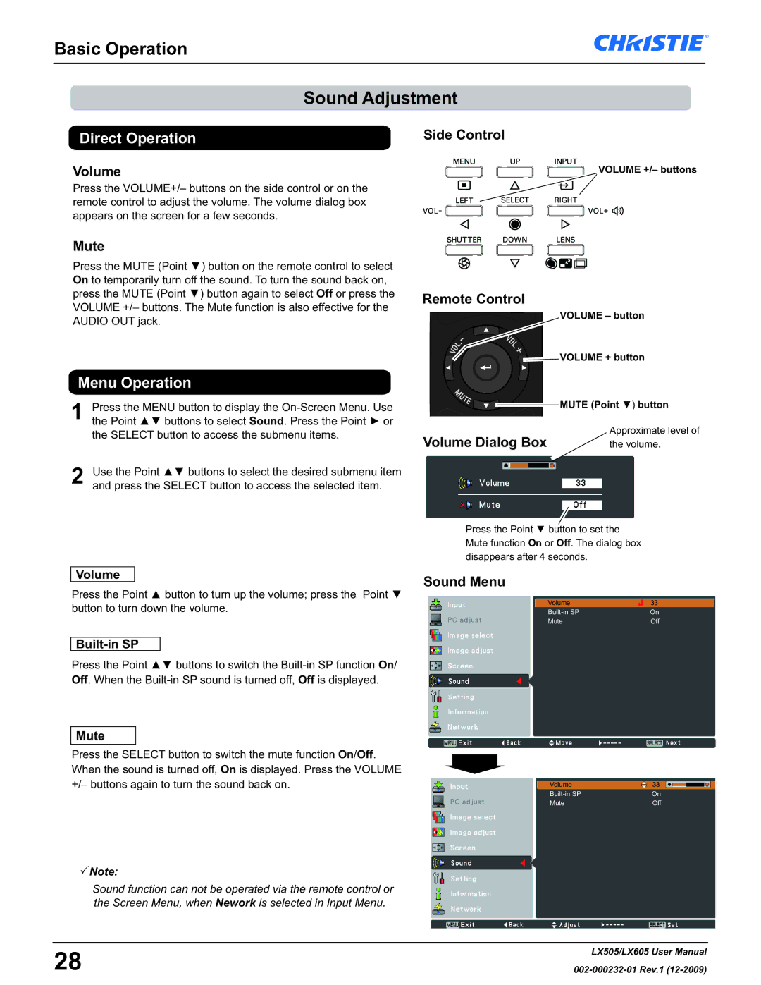 Christie Digital Systems LX605 manual Basic Operation Sound Adjustment, Direct Operation, Menu Operation 