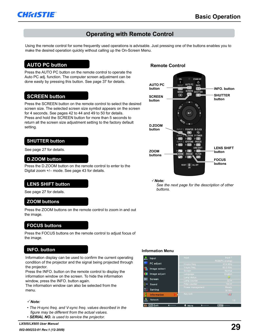 Christie Digital Systems LX605 manual Basic Operation Operating with Remote Control, Auto PC button, Screen button 