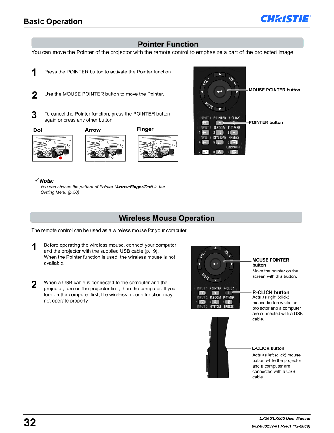 Christie Digital Systems LX605 Basic Operation Pointer Function, Wireless Mouse Operation, Arrow, Finger, Click button 