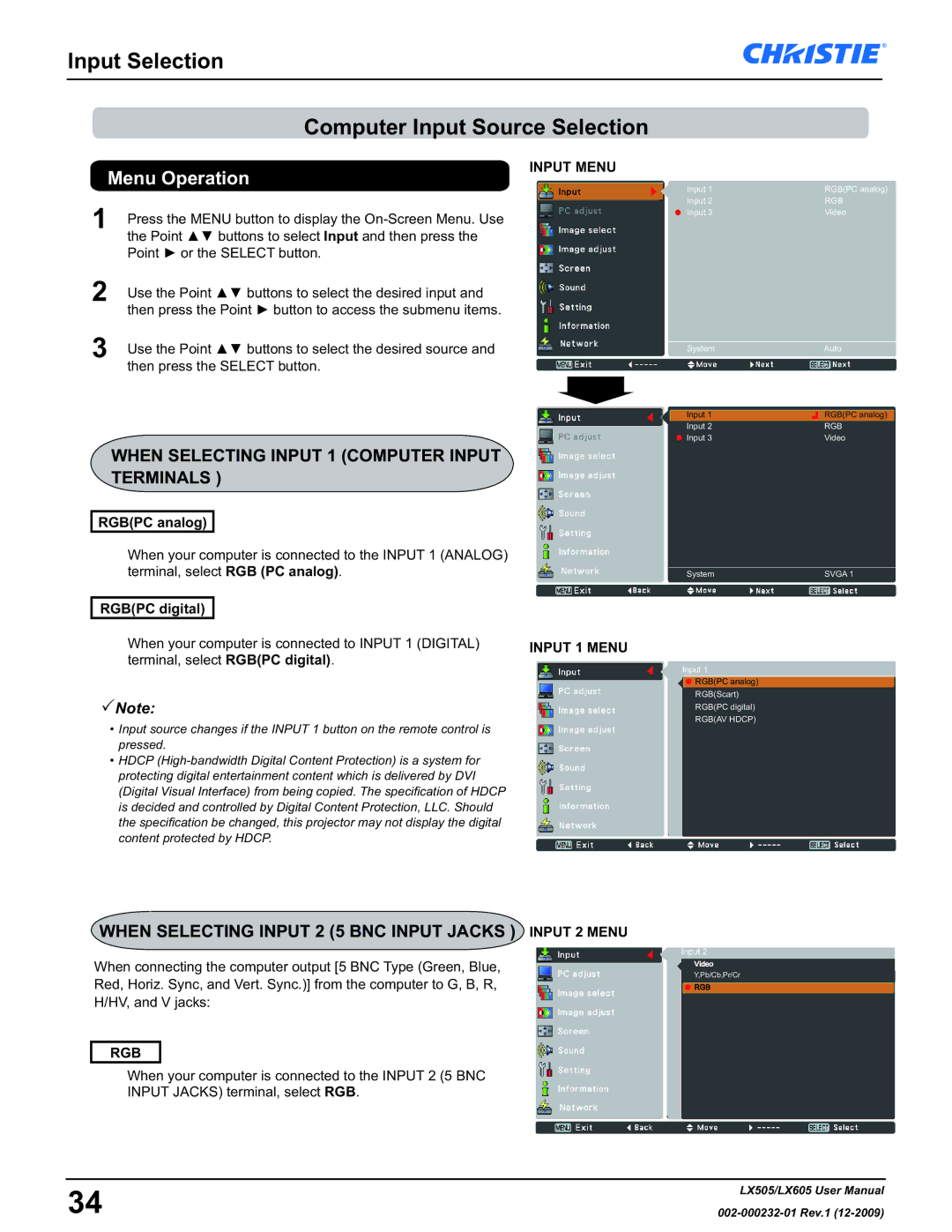 Christie Digital Systems LX605 manual Input Selection Computer Input Source Selection, Rgbpc analog, Rgbpc digital 