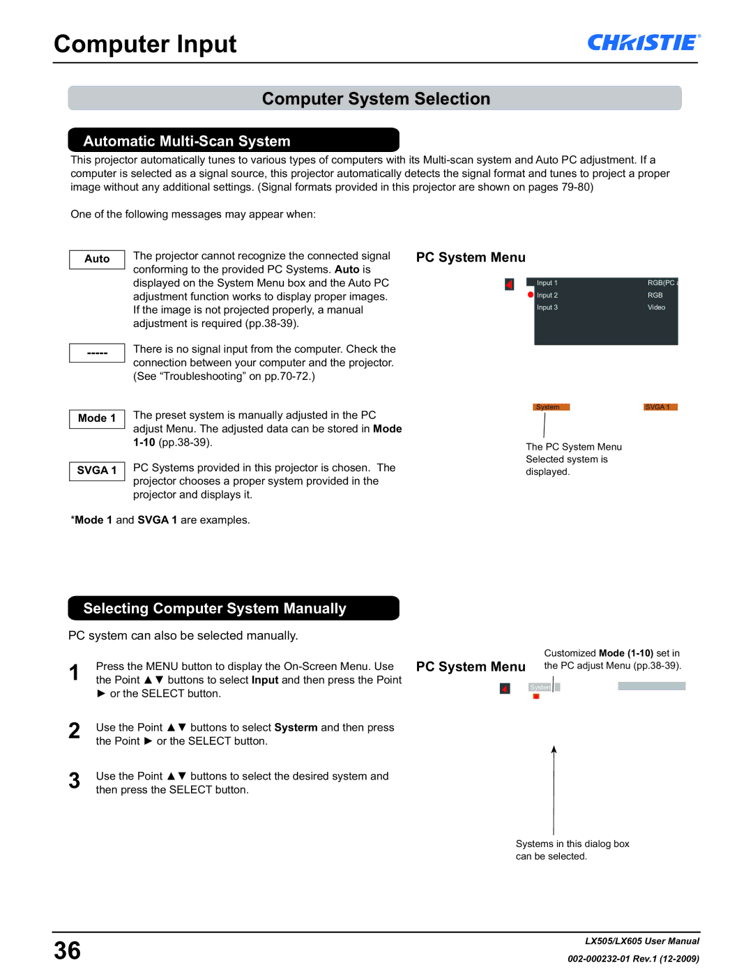 Christie Digital Systems LX605 Computer Input, Computer System Selection, Automatic Multi-Scan System, PC System Menu 