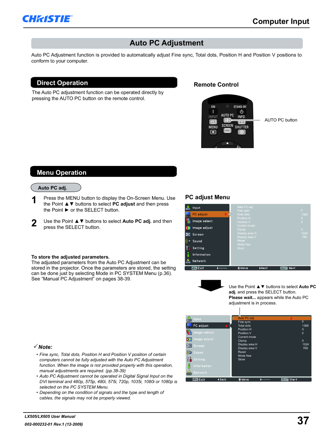 Christie Digital Systems LX605 manual Computer Input Auto PC Adjustment, PC adjust Menu, Auto PC adj 