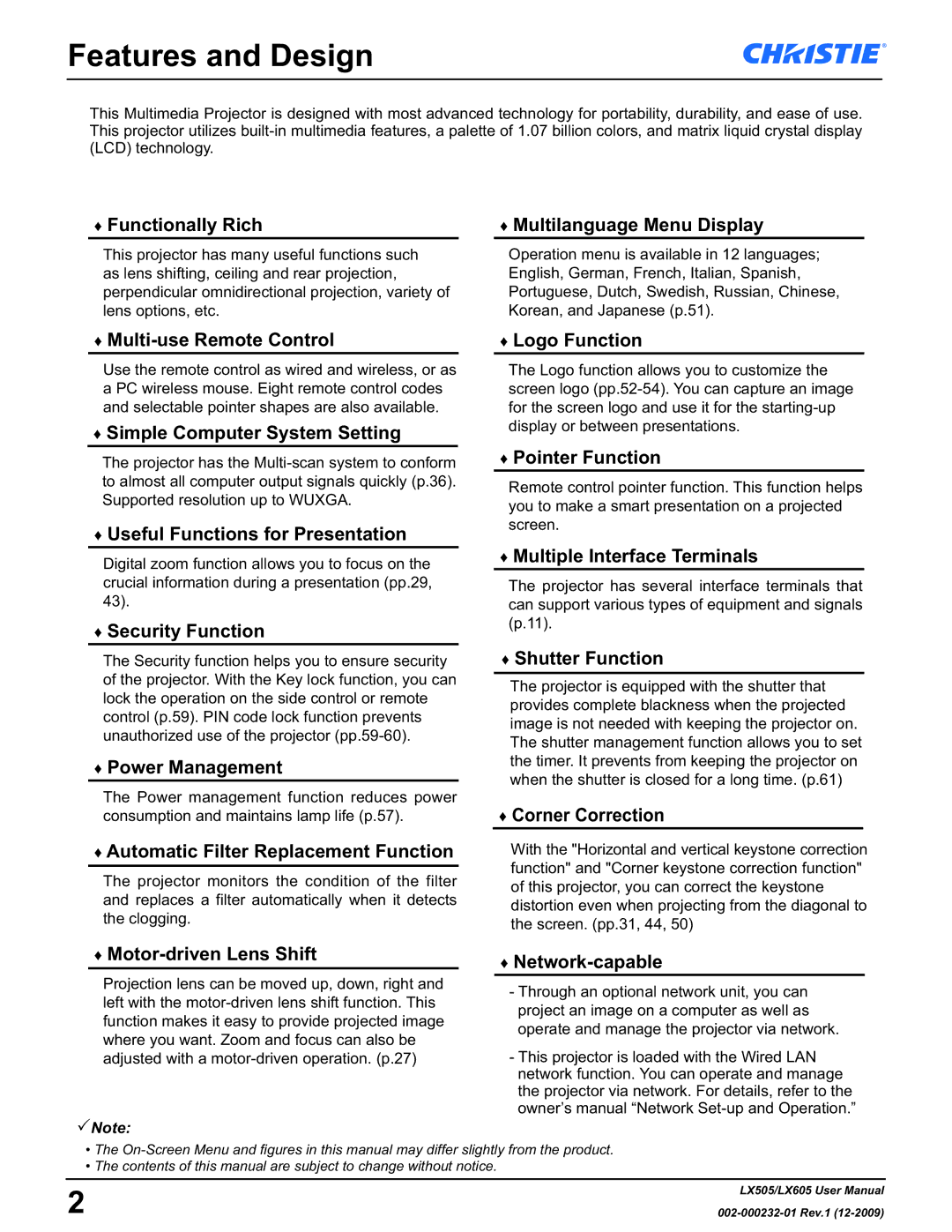 Christie Digital Systems LX605 manual Features and Design, Network-capable 