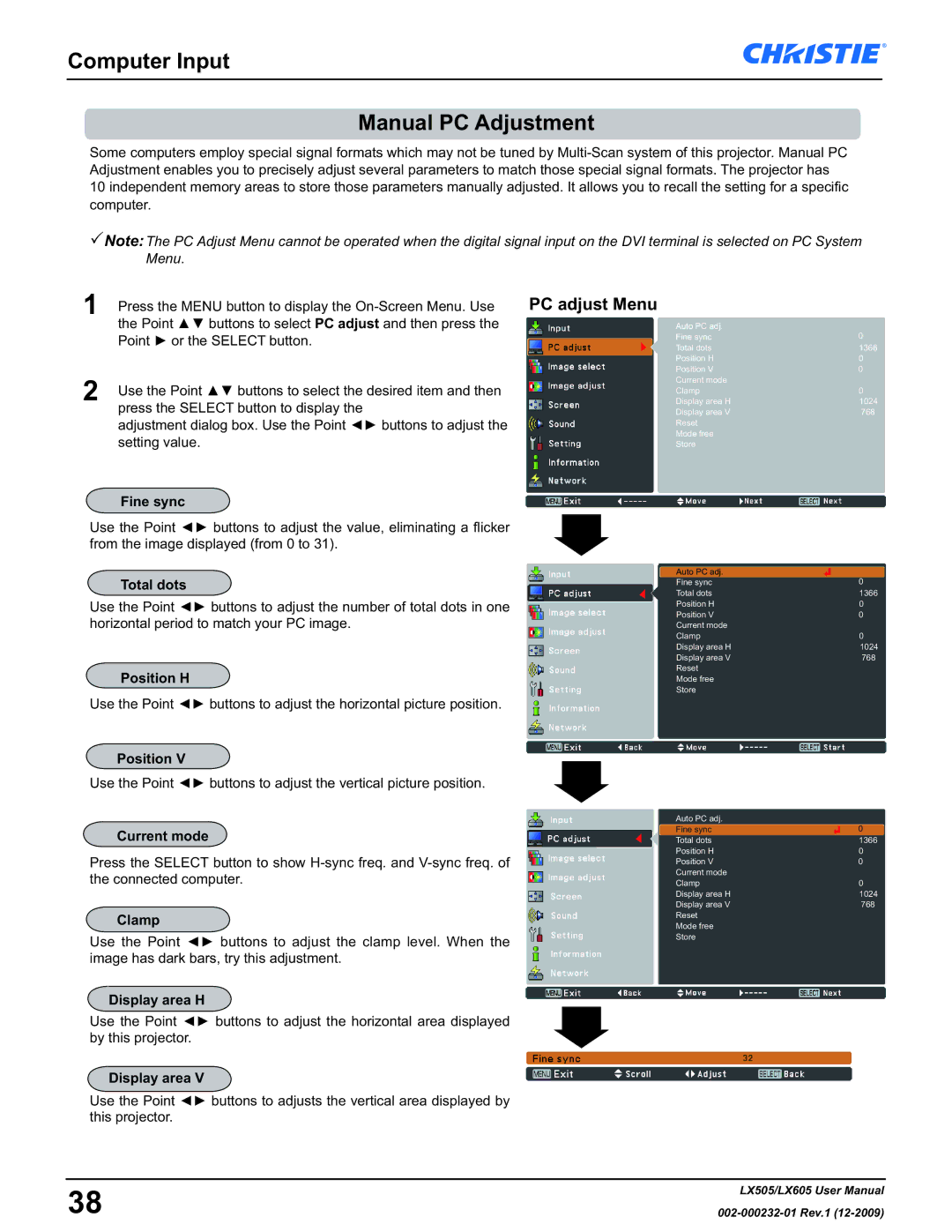 Christie Digital Systems LX605 manual Computer Input Manual PC Adjustment 