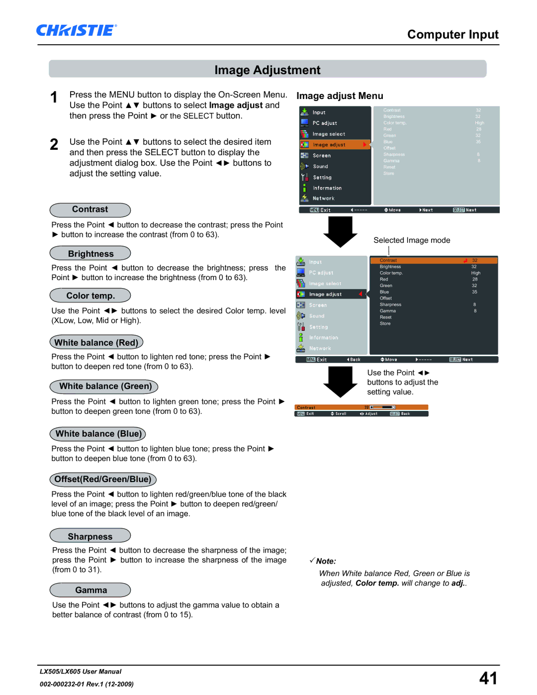 Christie Digital Systems LX605 manual Computer Input Image Adjustment, Image adjust Menu 