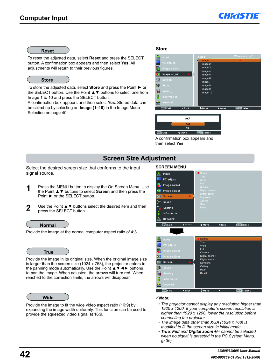 Christie Digital Systems LX605 manual Screen Size Adjustment, Normal, True, Wide 