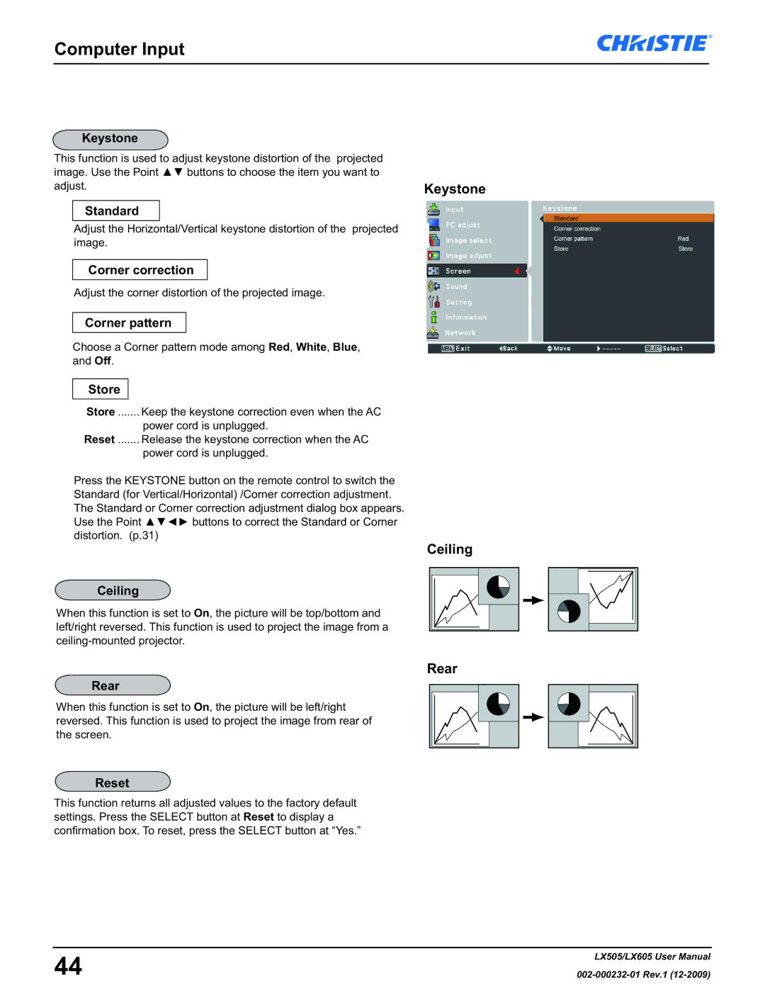 Christie Digital Systems LX605 manual Ceiling 