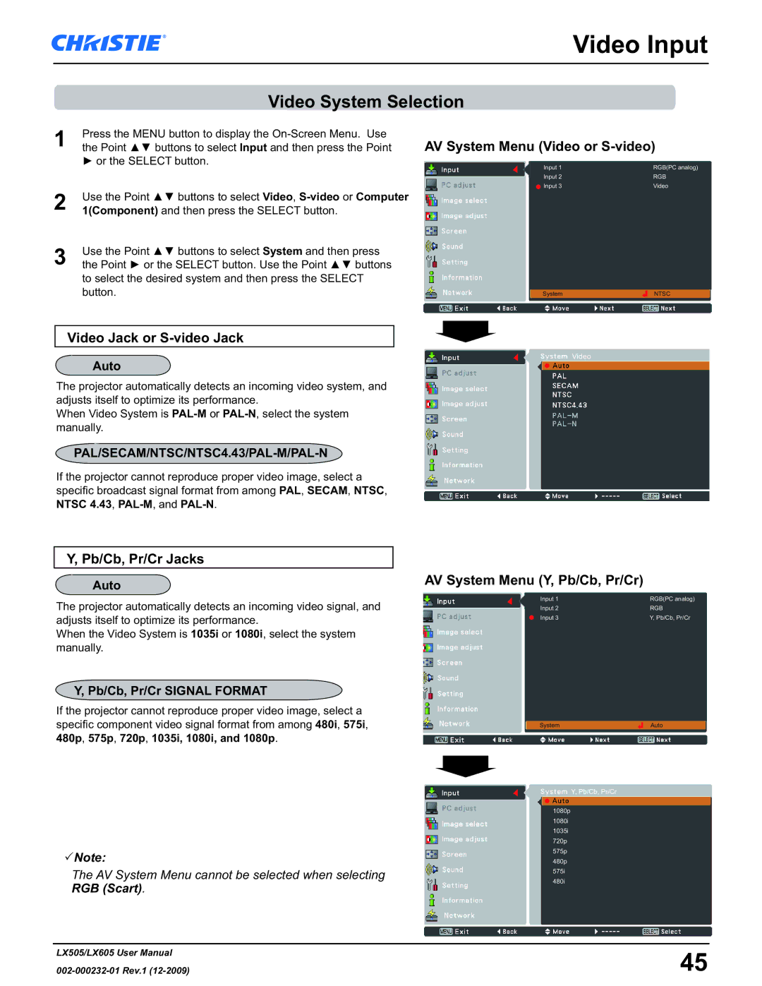 Christie Digital Systems LX605 manual Video System Selection, AV System Menu Video or S-video, Video Jack or S-video Jack 