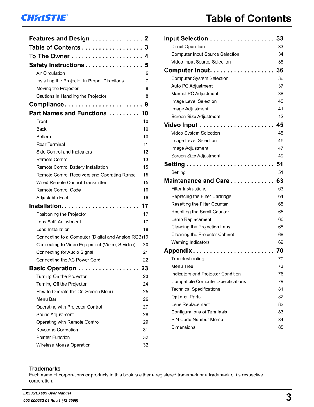 Christie Digital Systems LX605 manual Table of Contents 