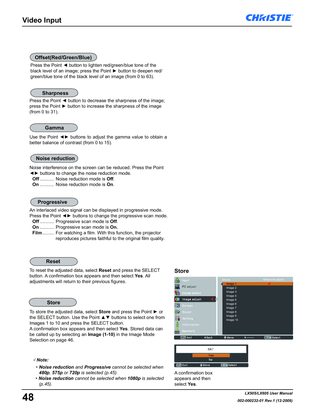 Christie Digital Systems LX605 manual Video Input, Noise reduction, Progressive 