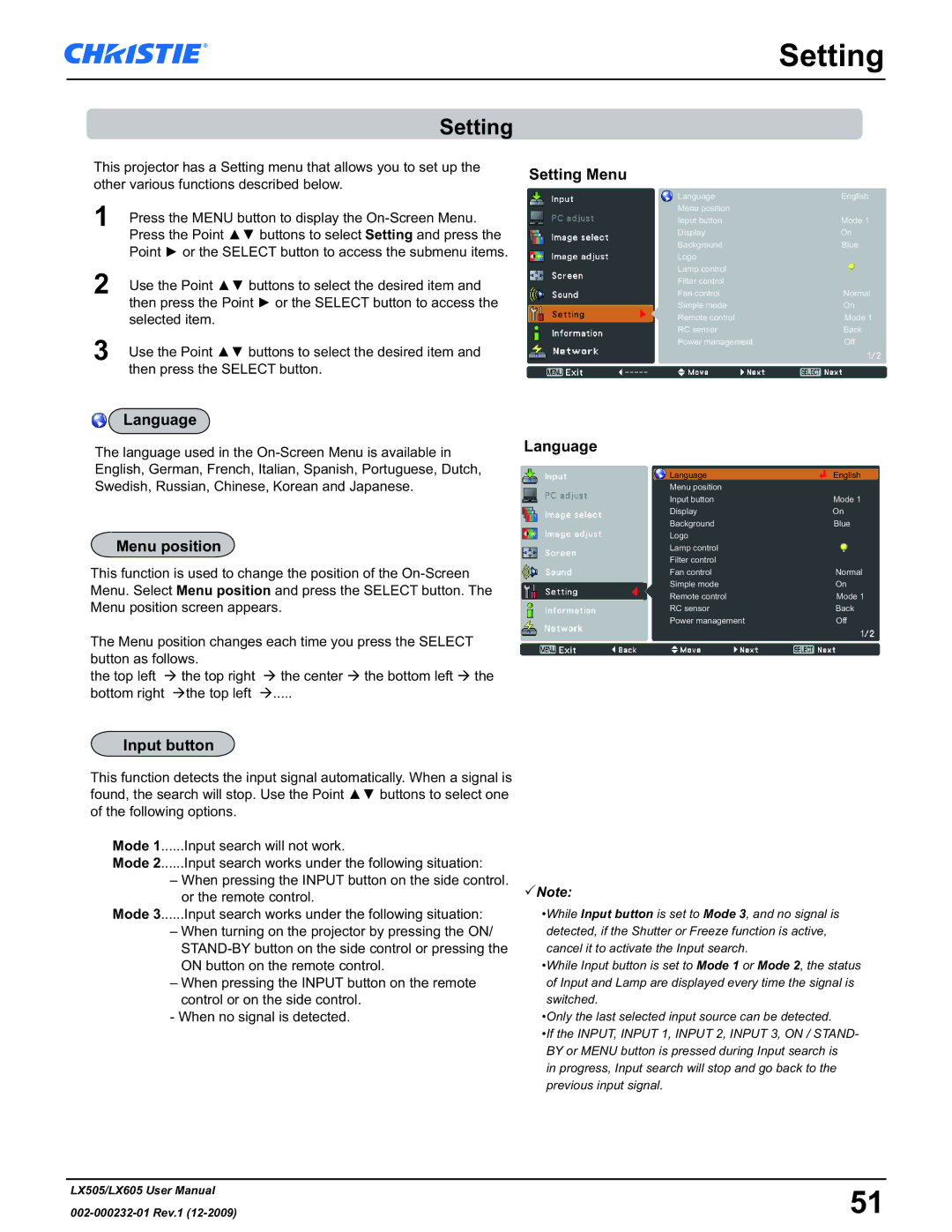 Christie Digital Systems LX605 manual Setting 