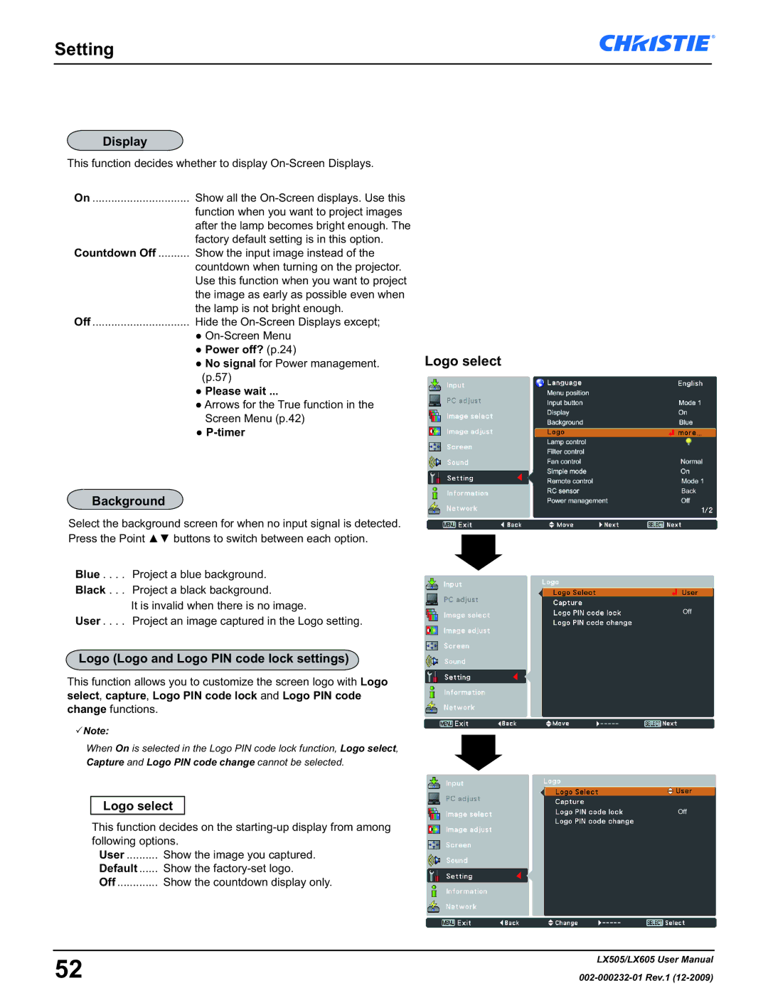 Christie Digital Systems LX605 manual Display, Background, Logo Logo and Logo PIN code lock settings, Logo select 