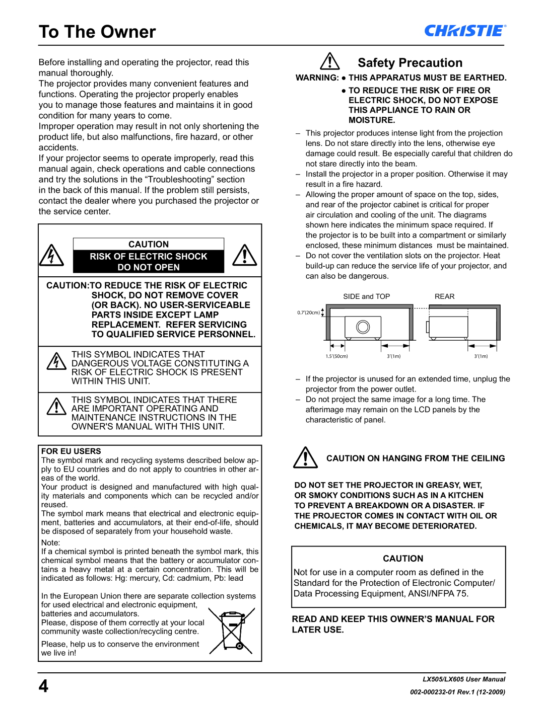 Christie Digital Systems LX605 manual To The Owner, Safety Precaution 