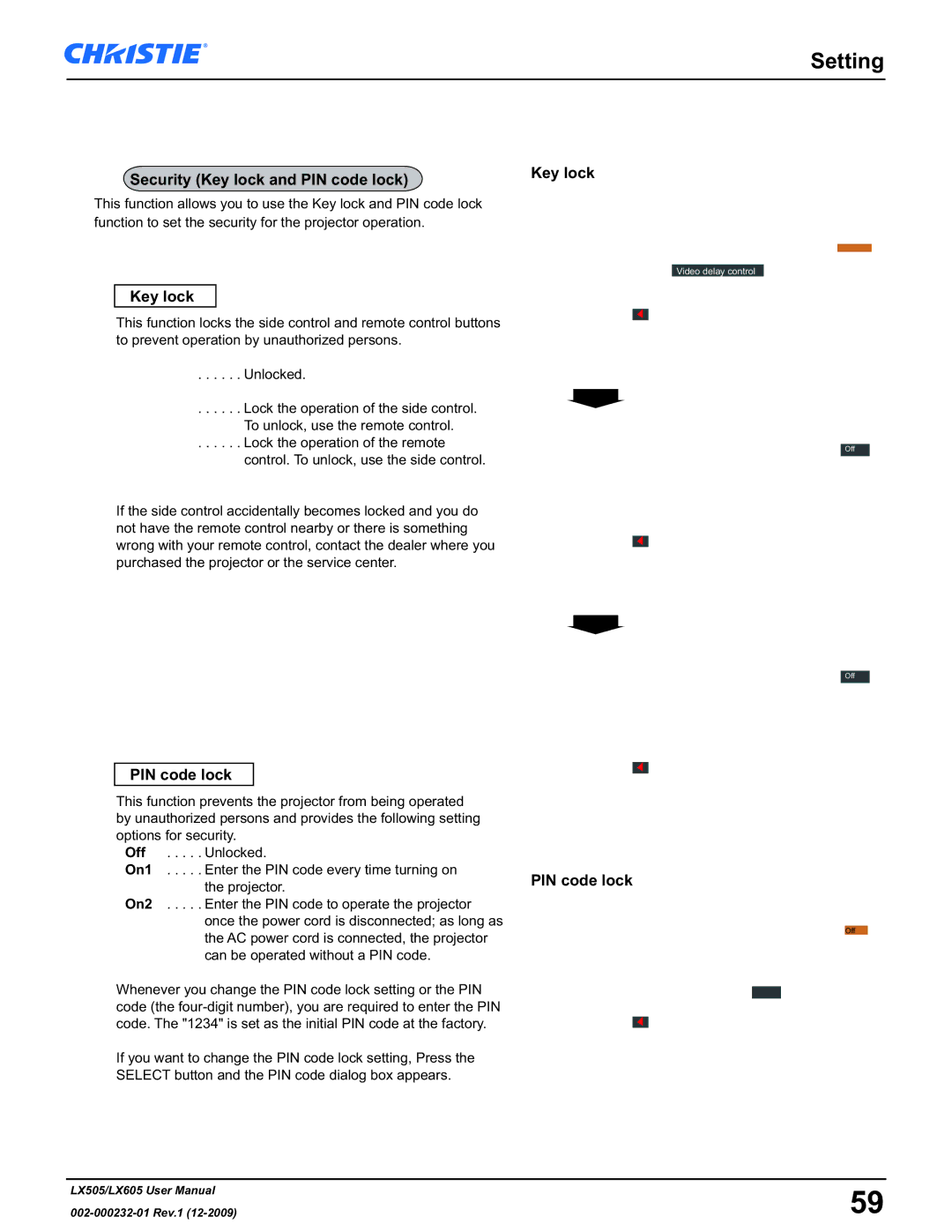 Christie Digital Systems LX605 manual Security Key lock and PIN code lock, Projector 