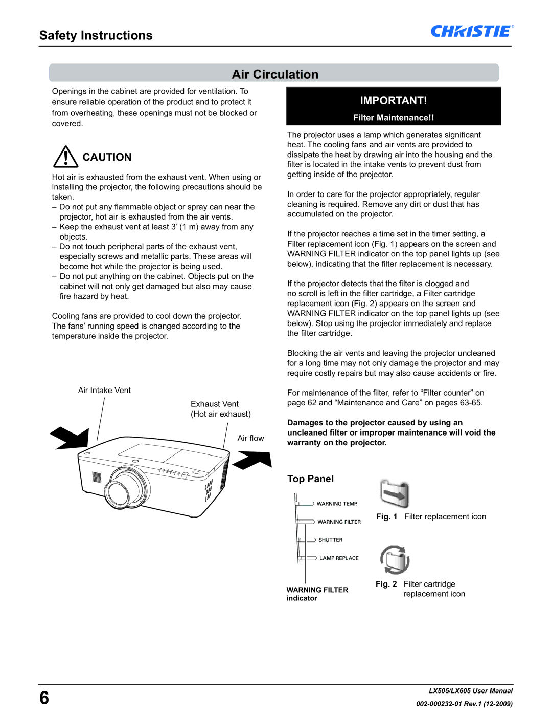 Christie Digital Systems LX605 manual Safety Instructions Air Circulation, Top Panel 