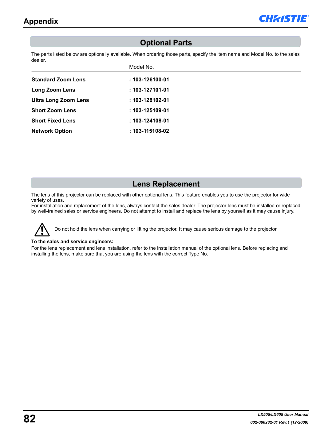 Christie Digital Systems LX605 Appendix Optional Parts, Lens Replacement, Model No, To the sales and service engineers 