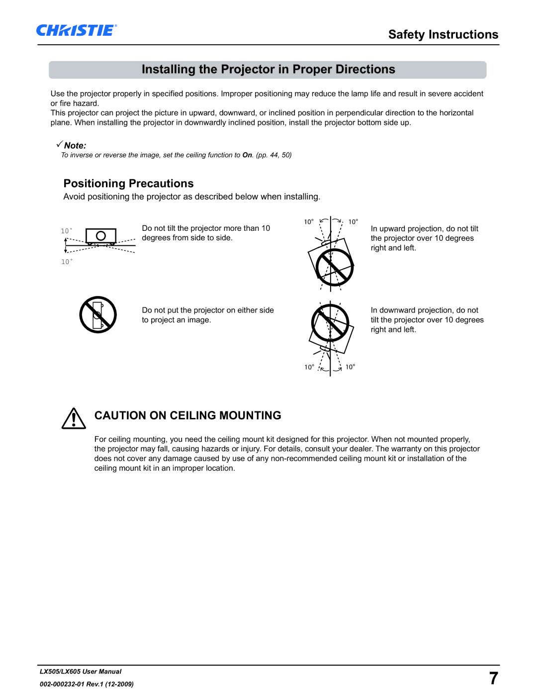 Christie Digital Systems LX605 manual Positioning Precautions, Degrees from side to side 