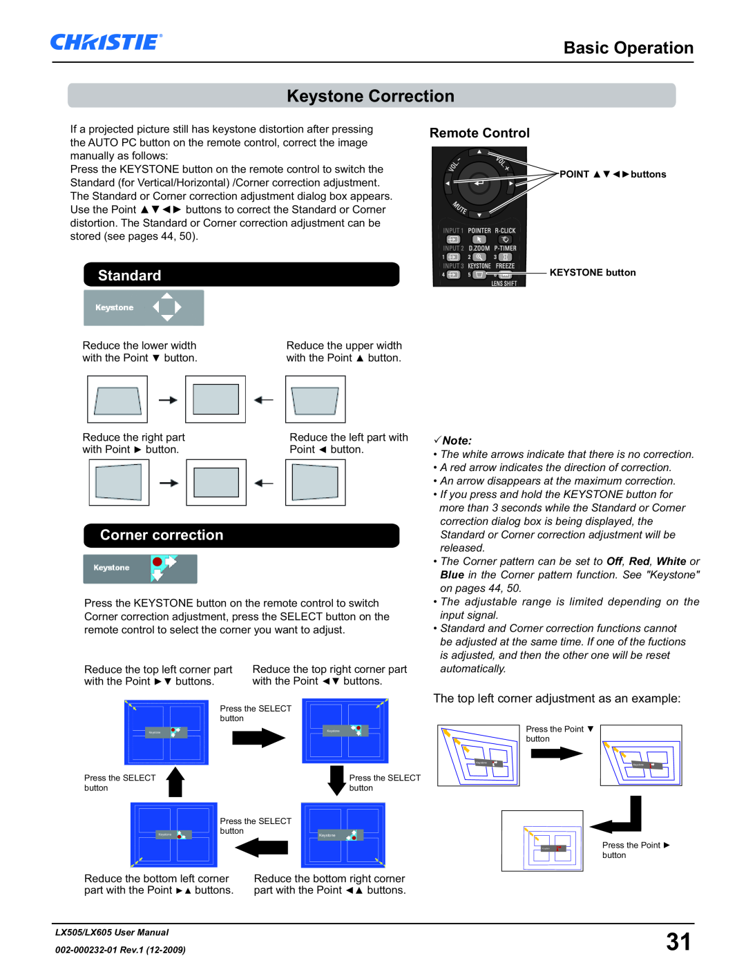 Christie Digital Systems LX605 manual Basic Operation Keystone Correction, Standard, Corner correction, Remote Control 