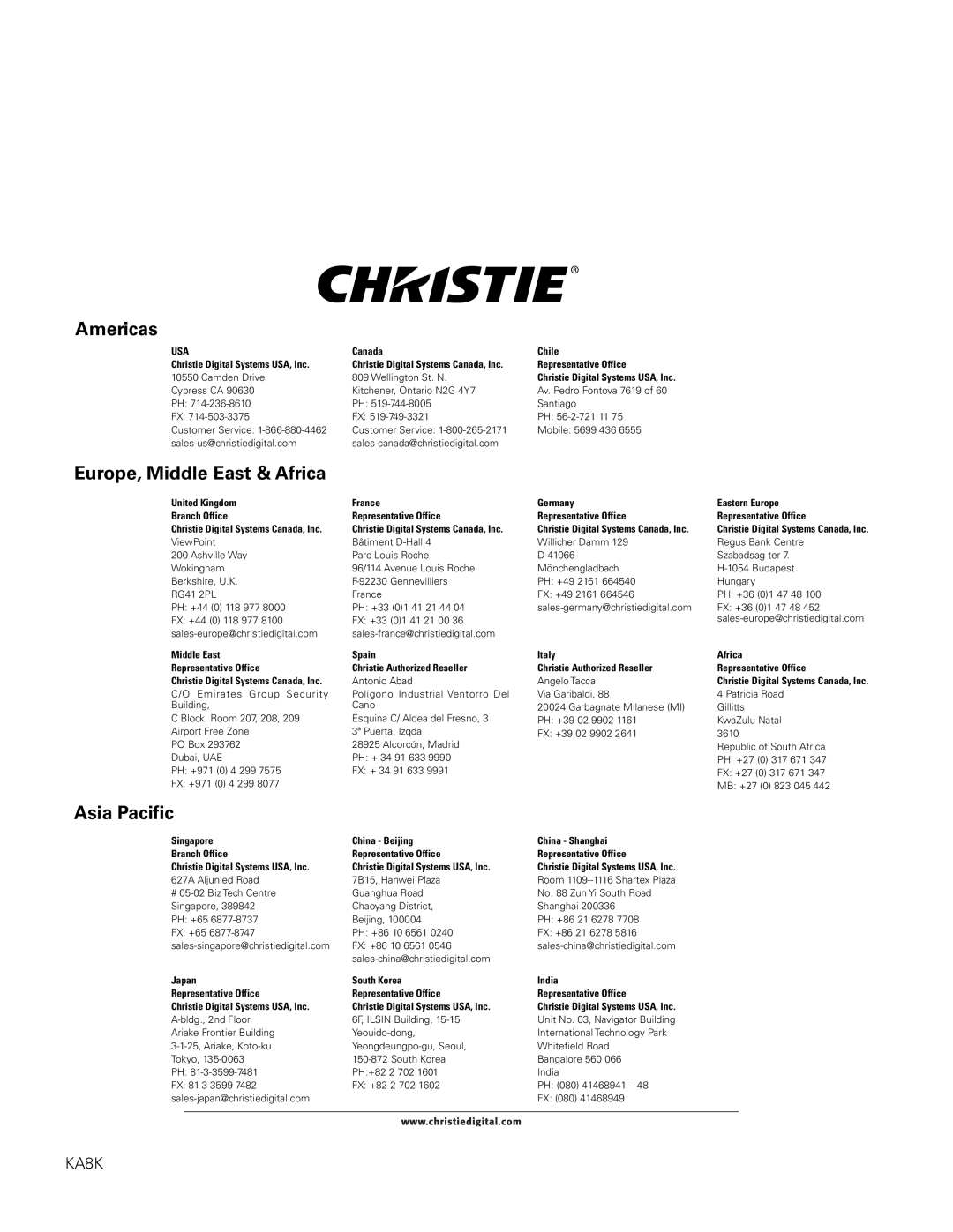 Christie Digital Systems LX605 manual Americas, Europe, Middle East & Africa, Asia Pacific, KA8K 