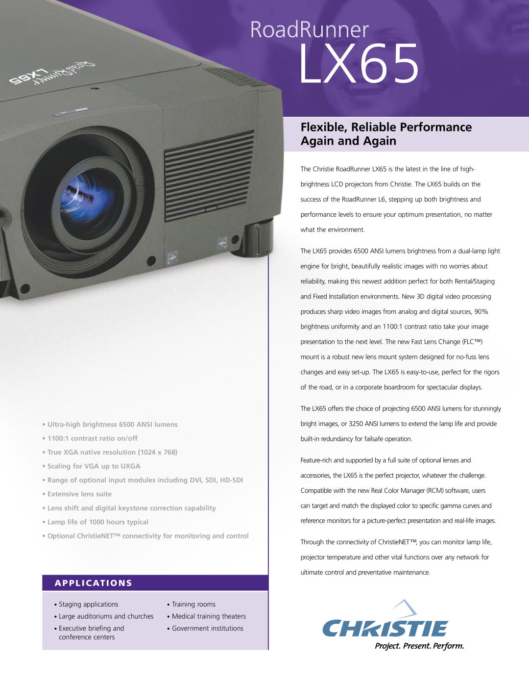 Christie Digital Systems LX65 manual A P P L I C At I O N S, RoadRunner, Flexible, Reliable Performance Again and Again 
