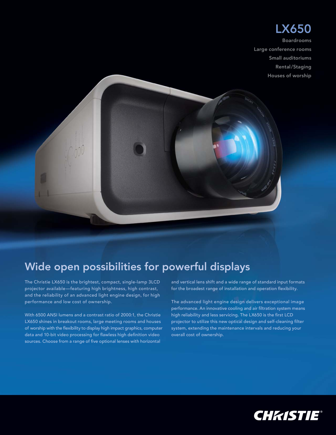 Christie Digital Systems LX650 manual Wide open possibilities for powerful displays, Houses of worship 
