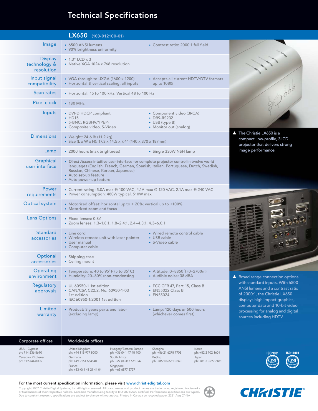 Christie Digital Systems LX650 manual Technical Specifications 