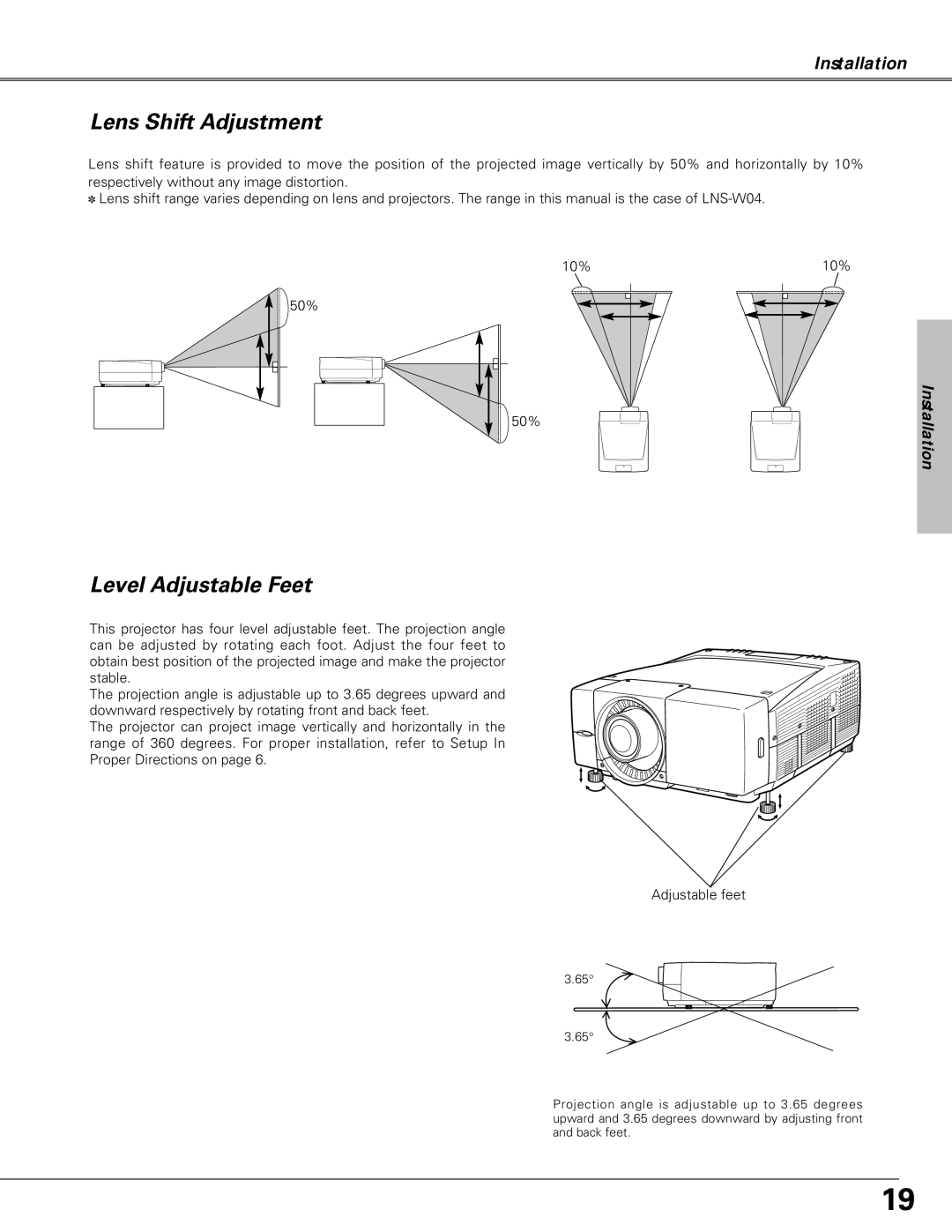 Christie Digital Systems LX66A user manual Lens Shift Adjustment, Level Adjustable Feet, Adjustable feet 